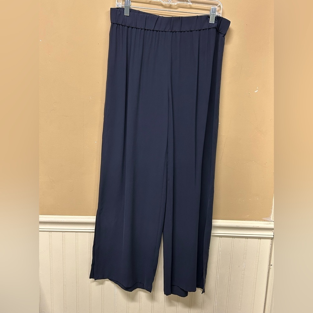 Eileen Fisher Nocturne Blue Straight Leg Silk Pants High Slits Size M NWT